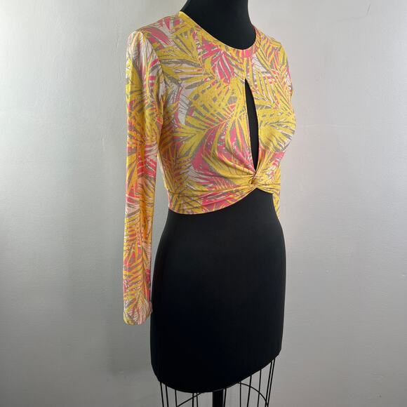 RED CARTER Yellow Pink Top Stretch Tropical Split Front Crew Neck Size Small S - Picture 5 of 12